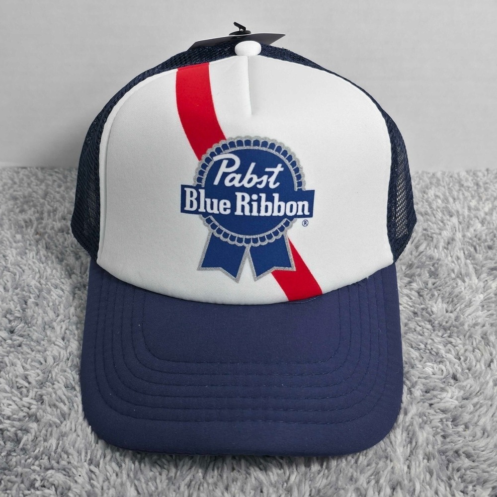 Pabst Blue‎ Ribbon PBR Beer Stripe Trucker Snapback Cap Hat Navy White Red NWT